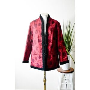King Cat Floral Brocade Jacket Womens Medium Red 60s Faux Fur Trim Frog Closure